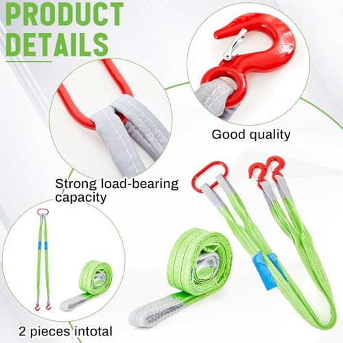 2 Pcs 5 FT Heavy Duty Polyester Lifting Rigging Straps Two Leg Bridle Web Sling with Hook & Twist Eye Lift Strap for Hoist Engine Crane Truck Tow Tree Stump 6613 Lbs Load Capacity, Green