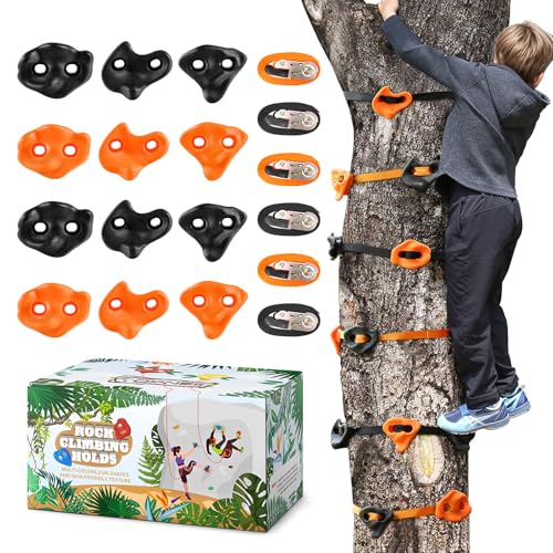 TOPNEW 12 Ninja Tree Climbing Holds for Kids Climber, Orange & Black Tree Climbing Kit with 6 Ratchet Straps for Outdoor Ninja Warrior Obstacle Course Training - style: 12 Pcs Orange & Black 1