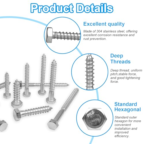 15 Pcs 5/16" x 3" Hex Head Lag Screws, 304 Stainless Steel Lag Bolts Hexagon Head Wood Screws Heavy Duty Large Screws for TV Mounts, Deck, Boat Repair - size: 5/16 x 3" (15 pcs)