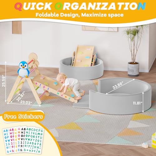 Acenova Pikler Triangle Climbing Set with Cushion and DIY Name Stickers, Montessori Wooden Climbing Gym for Toddlers, Indoor Jungle Gym, Dinosaur Pikler Triangle Arch Ramp Climber Toy