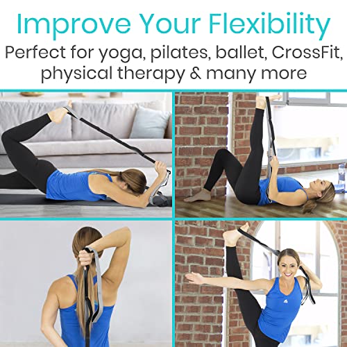 Vive Stretch Strap (75" - 10 Loops) - Leg Stretch Band to Improve Flexibility - Stretching Out Yoga Strap - Exercise and Physical Therapy Belt for Rehab, Pilates and Gymnastics with Guide Book - color: Gray