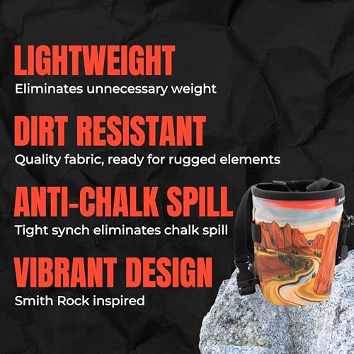 Rock Climbing Chalk Bag | for Outdoor, Gym, & Bouldering | Adjustable Waist Belt, Durable Drawstring Closure, & Zippered Pocket - style: Smith Rock