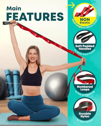 Stretching Strap with Loops - Non Elastic Stretch Band for Physical Therapy, Yoga Strap for Stretching Equipment, Stretch Bands for Exercise and Flexibility - Fascia, Hamstring & Leg Stretcher Belt - style: 12 Loops - Red