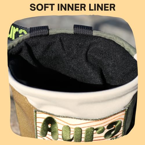 Aura Rock Climbing Chalk Bag – Bouldering Chalk Bag with Fleece Liner, Drawstring Closure & Brush Holder – Adjustable Belt Included – Gym, Weightlifting, Crossfit & Gymnastics
