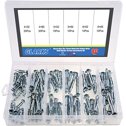 Glarks 80Pcs 6 Size Heavy Duty Zinc Plated Steel Molly Bolt Hollow Drive Wall Anchor Screws Assortment Kit for Drywall, Plaster and Tile - size: 80Pcs 6 Sizes Assortment Set