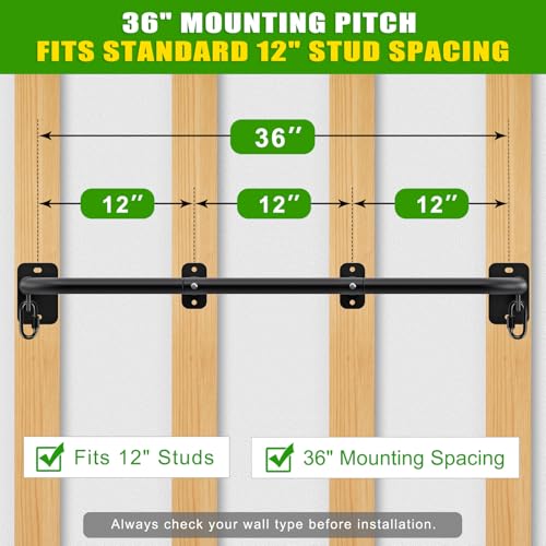 SELEWARE 32"/36" Wall Mount Pull Up Bar Joist Mount Chin Up Bar for Doorway | Heavy Duty Steel Construction Support 450 lb, w/Resistance Band Hooks, Fits 32"/36" Wall Studs for Home Gym Strength Training - size: A: 36" x 1.3" Dia Grip