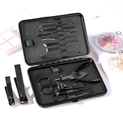 Manicure Pedicure Kit Nail Clippers Set Fingernails & Toenails Vibrissac Scissor 5 Pieces Best Care Tools for Man & Women with Travel Case (Gray/Black_A) (Dark 15 Pieces) - color: Dark 15 Pieces