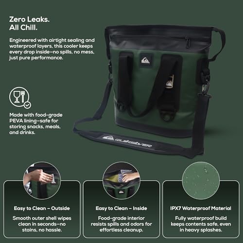 Quiksilver Zipperless Backpack Cooler 30L, Holds 36 Cans, 48 Hour Insulation, Leakproof & Waterproof Design, Heavy Duty TPU, IPX7, Padded Straps, Kangaroo Pockets - color: Trekking Green