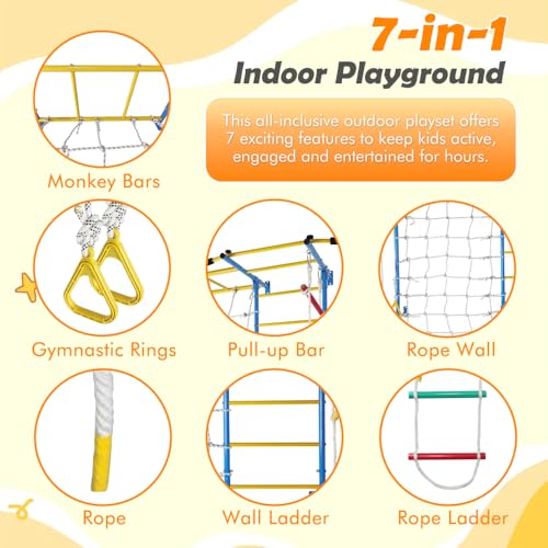 Wall-Mounted Indoor Fitness Station with Pull-Up Bar, Rope Ladder, Monkey Bars, Climbing Wall, Gymnastic Rings and Wall Ladder