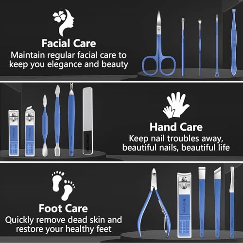 Manicure Set 16Pcs Nail Clippers Set Manicure Kit Professional Stainless Steel Pedicure Kit Nail Care Kit for Women Men with Luxurious Travel Bag, Suitable for Home, Travel, and Salon (Blue) - color: 16Pcs-Blue