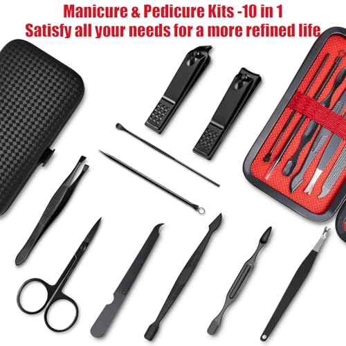 Manicure Set 10 in 1 Mens Gifts Travel Nail Clippers Set for Him, Mens Grooming Manicure Kit Pedicure Tools for Men Women Girls Boys Parents Husband Wife with Black Leather Case - size: 10-PCS Set