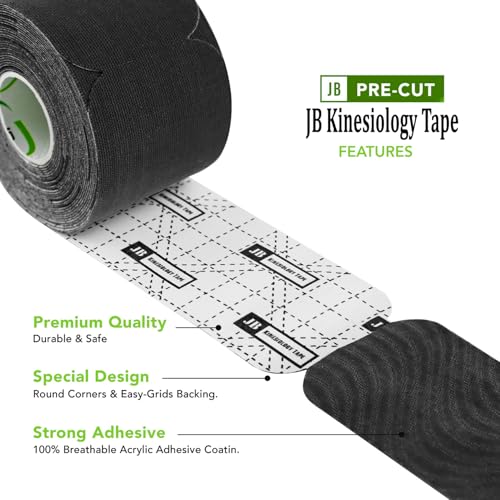 JB Tape Kinesiology Tape, Black, 80 Precut 10-Inch Strips, 4 Rolls | Elastic, Latex-Free, Water Resistant, Athletic Muscle & Joint Support - color: Black Jet