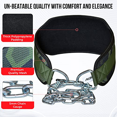 AQF Dip Belt with 36" Steel Chain - Neoprene Padded Back Support Belt | Secure Carabiners for Weighted Pull ups, Dips, Gym, Powerlifting, Bodybuilding, Squat & Fitness - color: Green Camo