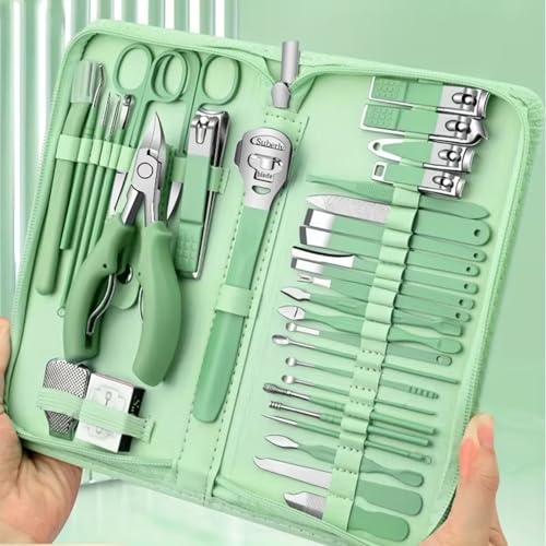Luxury 35-in-1 Professional Manicure Set - Premium Stainless Steel Nail Clippers & Grooming Kit with Elegant Leather Travel Case for Ultimate Hand, Foot & Facial Care - Green - color: Green, size: 35PCS
