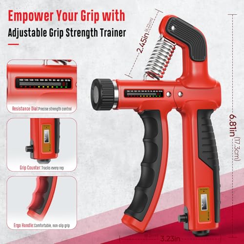 FitBeast Grip Strength Trainer, Hand Gripper Strengthener Kit - 6 Pack with Adjustable Resistance Forearm Strengthener, Forearm Exerciser and Massage Balls for Hand Therapy, Grip Training - color: Red