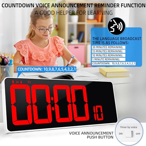 13.7”Digital Timer Large LED Screen displays（5'' Number）,The Date time, Remote Control, Turn on/Off 10 Seconds Countdown Voice Notification, for Chefs,Students, Children, Seniors - color: 13.7'' Red+remote