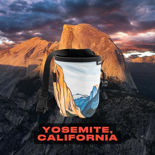 Rock Climbing Chalk Bag | for Outdoor, Gym, & Bouldering | Adjustable Waist Belt, Durable Drawstring Closure, & Zippered Pocket - style: Yosemite Valley