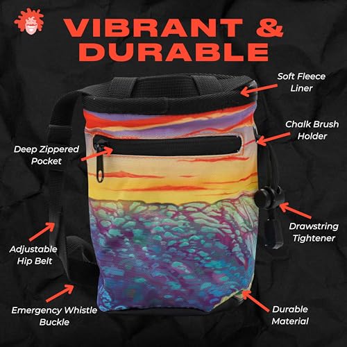 Rock Climbing Chalk Bag | for Outdoor, Gym, & Bouldering | Adjustable Waist Belt, Durable Drawstring Closure, & Zippered Pocket - style: New River Gorge