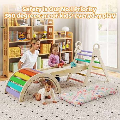 Pikler Triangle Set with Cushion, 7-in-1 Foldable Toddler Climbing Toys, Indoor Playground for Kids, Montessori Climbing Set Gift, Wooden Baby Jungle Gym, for Toddlers 1-3 (Rainbow) - size: 7-in-1 with Cushion