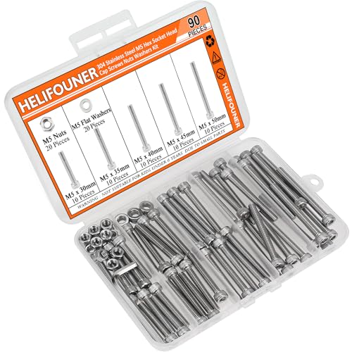 HELIFOUNER 90 Pieces M5 x 30mm /35mm /40mm /45mm /50mm, Hex Socket Head Cap Screws Bolts Washers Nuts Kit with Hex Wrench, 304 Stainless Steel - size: M5 Long Screw Kit (90 PCS)