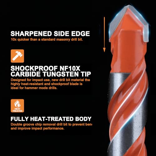 Concrete Carbide Drill Bits Hex Shank Masonry Cement Tile Drill Bit Set for Glass, Brick, Plastic, Cement and Tile, 5/32"-1/2" (10PCS) - size: 5/32"-1/2"