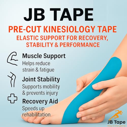 JB Tape Kinesiology Tape, 80 Precut Strips, Blue, Latex‑Free, 4 Rolls | Elastic, Latex-Free, Water Resistant, Athletic Muscle & Joint Support - color: Blue Pacific