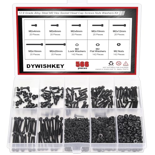 DYWISHKEY 566 Pieces M2 Black Screws, 12.9 Grade Alloy Steel M2x 4/6 /8/10 /12/16 /20mm Hex Socket Head Cap Screws Bolts Nuts Washers Assortment Kit - size: M2, style: Socket Head
