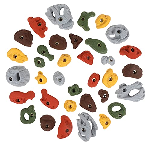 Atomik Rock Climbing Holds Set of 35 Bolt-On Rock-Like Pinches, Pockets, Slopers, Jugs, and Footholds in Assorted Earth Tones