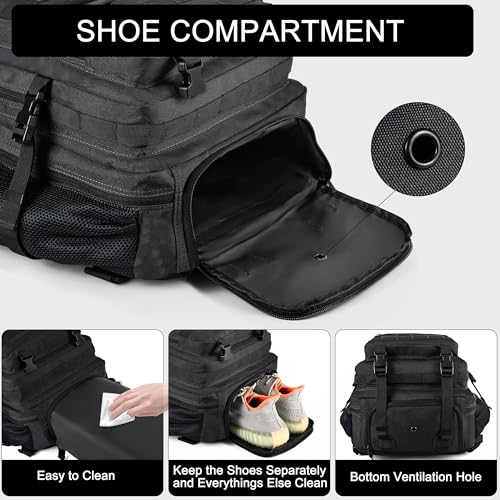 LHI Tactical Military Backpack for Men and Women 25L/35L Army Assault Pack Bag Small Rucksack with Bottle Holder - color: 50l-shoe Compartment(black), size: Large