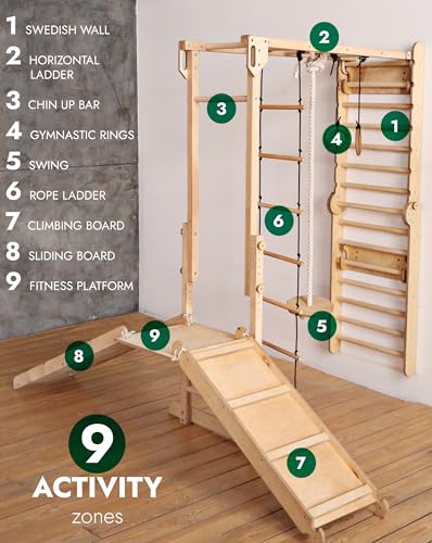 9-in-1 Wooden Indoor Climbing Frame for Children, Montessori-Inspired Climbing Set with Wall Bars, Monkey Bars, Pull-Up Bar, Rings, Swing, Rope Ladder, Climbing Board, Slide & Platform - size: Indoor Play Gym