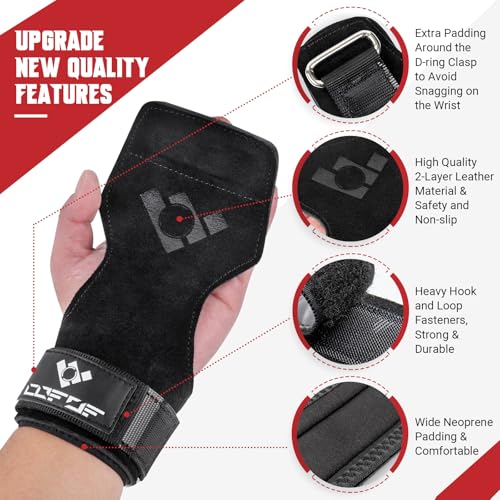 COFOF Weight Lifting Wrist Strap, Double Layer Leather Wrist Strap for Deadlift and Powerlifting, Adjustable Neoprene Padded Gym Workout Lifting Hooks (Pair) - color: Midnight Black