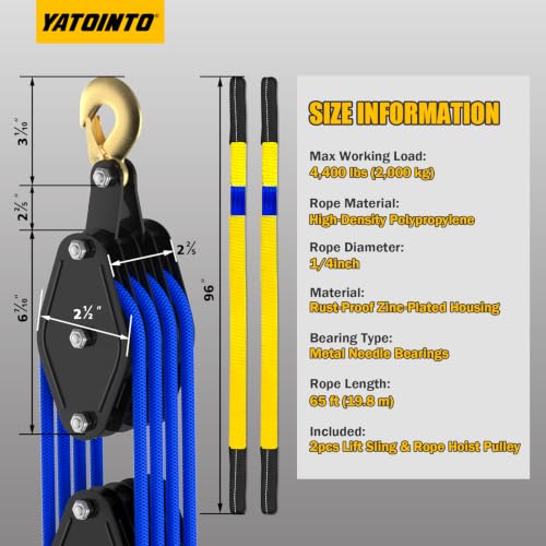 YATOINTO Rope Hoist Pulley System 4400LB, Pulley Block Tackle w/2 Straps | 65FT Polypropylene Fiber Rope, 8:1 Ratio Lifting Power, Metal Bearing Structure, Black-coated Housing - color: Blue(Powder Coating)+2Straps