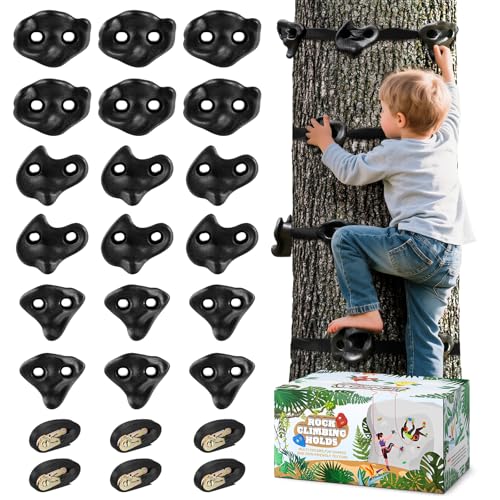 TOPNEW 18PCS Ninja Tree Climbing Holds and 6 Sturdy Ratchet Straps for Kids Tree Climbing, Large Climbing Rocks for Outdoor Ninja Warrior Obstacle Course Training - style: 18 Black Climbing Holds