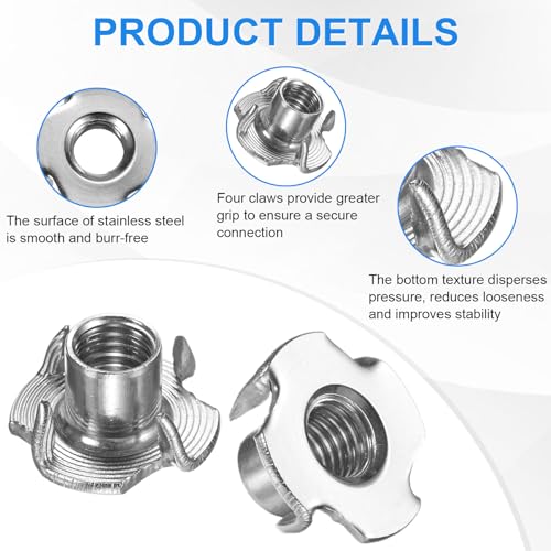 M METERXITY 10-Pack M10x12.7mm T-nut, 4-Pronged Tee Nut Threaded Insert | Stainless Steel, for Wood, Rock Climbing Holds, Furniture, Corrosion Resistant Fasteners - size: M10x12.7mm