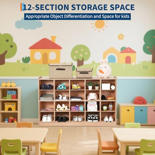 Garvee Mobile Storage Cabinet,Storage Block Cubby with 5 Anti-Flip Fittings, 4 Castors and 2 Boxes for Home, School, Kindergarten, Natural - size: 20 Cubbies