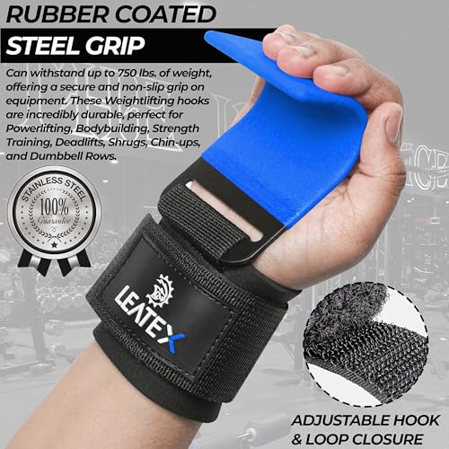 Weight Lifting Hooks (Pair) for Deadlifts, Pull Ups, Rows & Shrugs - Anti-Rip Nylon Strap Hand Grips with Thick Wrist Padding - Heavy Duty Wrist Straps for Weightlifting & Gym Workouts - color: Blue Black