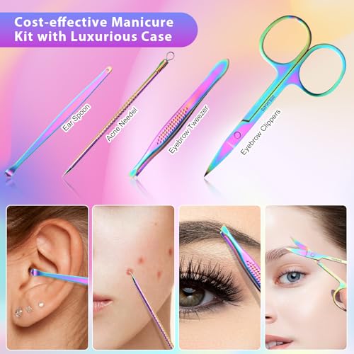 CGBE Nail Clippers Set, Manicure Set Pedicure 12 Pieces Stainless Steel Manicure Kit Professional Grooming Care Tools with Luxurious Travel Case - color: Pink-colorful