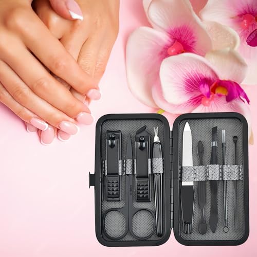 Luxury 9-in-1 Manicure Set – Premium Stainless Steel Grooming Kit with Elegant Leather Case-Black