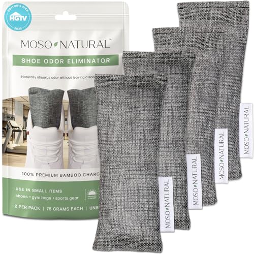 Moso Natural Shoe Deodorizer Inserts (2 Pack) Charcoal Odor Absorber for Shoes, Gym Bag & Boot Deodorizer, Unscented Shoe Odor Elimination, Air Purifying Bags, Lasts 2 Years (4 Bags) - style: 2 Pack (4 Total)