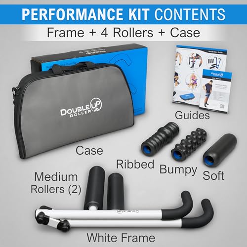 DoubleUP Roller D5 Leg & Arm Massager, Metal Frame, 5 Rollers & Case, White | 3X Lever-Action Pressure Control. 5 Quick-Change Rollers + Storage Case. IT Bands, Calves, Quads, Hamstrings, Thighs, Arms. - color: White