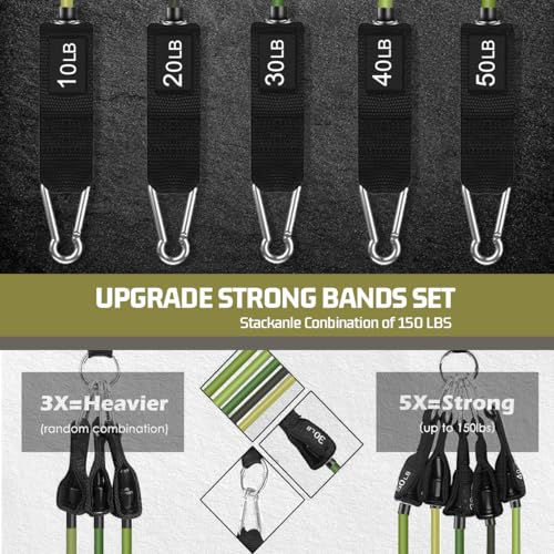 VEICK 10-150LBS Resistance Bands with Handles, Ankle Straps, Door Anchor | Accredited Lab Certified, 100% Natural Latex, Versatile for Yoga, Pilates, Strength, Home Gym - color: Army Green, style: 10-150LBS + 5 Loop Bands