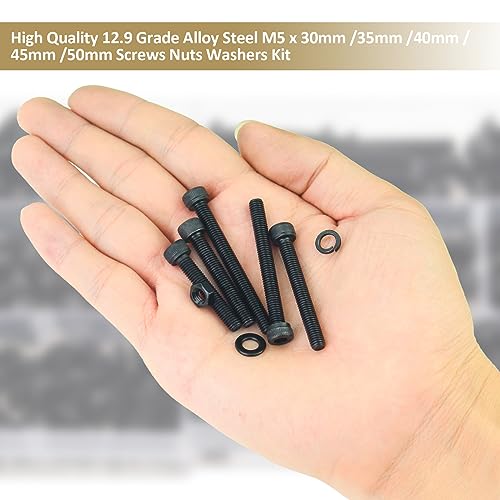 242 Pieces Black M5 x 30/35 /40/45 /50 mm Hex Socket Head Cap Screws Nuts Washers Assortment Kit, 12.9 Grade Alloy Steel - size: M5 x 30/35/40/45/50mm, style: Socket Head