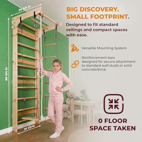 WEDANTA Wooden Swedish Ladder Wall Set – Kids Stall Bars for Exercise – Kids Swedish Gymnastic Wall Gym – Wood Stall Bar Gymnastics Playground – Best Gym for All Family - color: Wood