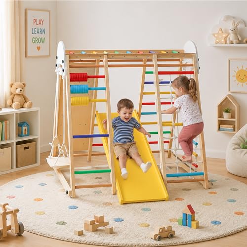 Large Wooden Indoor Jungle Gym 9-in-1 Playground Climbing Toys for Kids Ages 2-6, Waldorf Style Wooden Climber Playset with Slide, Monkey Bars, Ladder, Rope Ladder, Rock Climbing, Swing (9-in-1) - size: 9-in-1