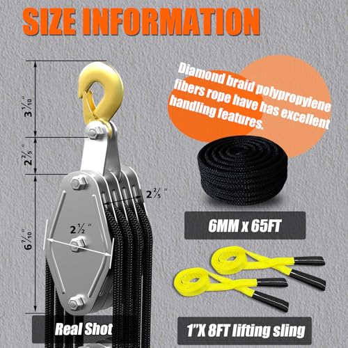 YATOINTO Rope Hoist Pulley System, 4400LB Pulley Block and Tackle, 8:1 Ratio Lifting Power 65ft, Heavy Duty Pulley Block for Lifting Pulling (with 2PCs Straps) - color: black, size: UPGRADED-4wheels+2pcs straps