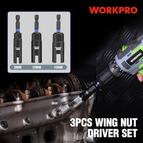 WORKPRO Wing Nut Driver CR-V Steel,3 PCS 9mm 12mm 15mm,1/4 Inch Hex Shank | 3 Essential Sizes;Installs Without Hand Strain;For Wing Nuts,Eye Bolts & Wire Twisting