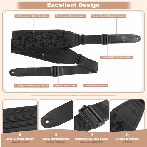 Guitar Bass Strap, Embroidered Electric Guitar Strap, Double Adjustable Buckle, Length Adjustable from 49" to 63", Equipped with 3" 3D Foam Padding, Suitable for Taller Guitarists, Black. - color: Black Embroidery(49"-63")