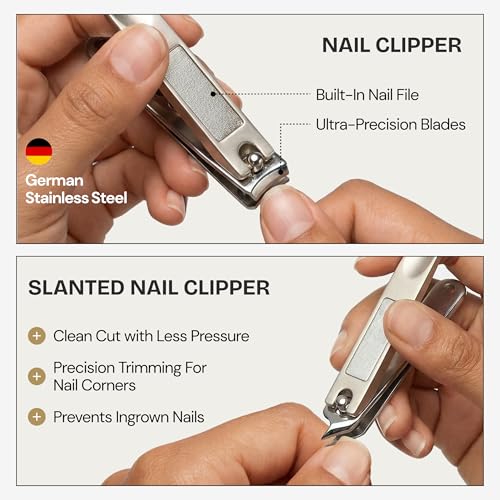 Beauty Power Manicure Pedicure Set 7-in-1 Stainless Steel, Ultra Sharp, Slanted Nail Clipper, Fingernail Clipper, Cuticle Nipper, Glass Nail File, Eyebrow Tweezers, Scissors, Case - Gift Idea - Gray