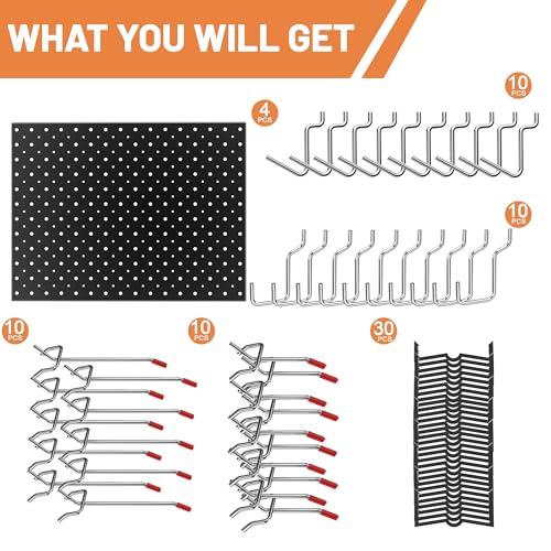 Ultrawall Metal Peg Board Panels with Hooks, Pegboard Wall Tool Organizer for Garage, 74pcs Peg Board with Accessories, 16"X12" - size: 4pack 16"X12"