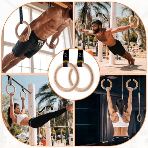 Wooden Gym Rings, 9ft Numbered Double-Layer Quick Adjust Straps | Sturdy wooden gymnastic rings build upper body and core strength for daily bodyweight fitness and muscle shaping routines